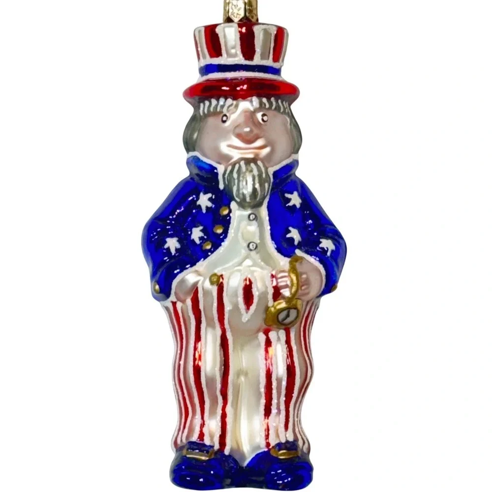 Uncle Sam Blown Glass Ornament Patriotic Americana Red White Blue - Silver Beard